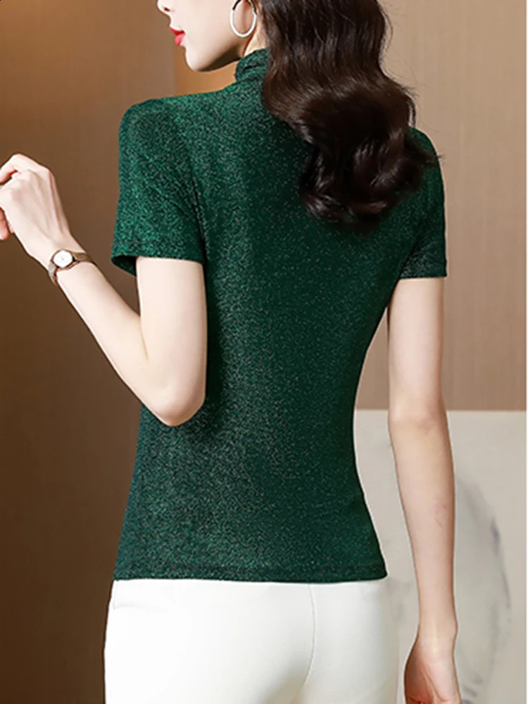 2025 Fashion Bright Silk Tshirt Womens Top Ultra Thin Short Sleeve Elastic Turtle Neck Tight Shining 250407