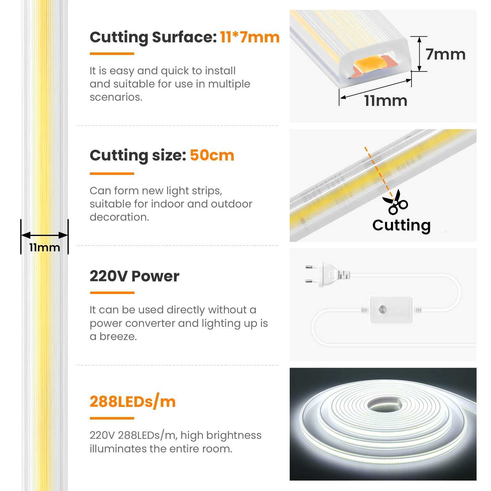 AC 220V Dimmerable COB Strip With EU/UK Dimmer Plug Waterproof White 3000K 4000K 6000K Home Decor Flexible LED Light 1M-35M W251112