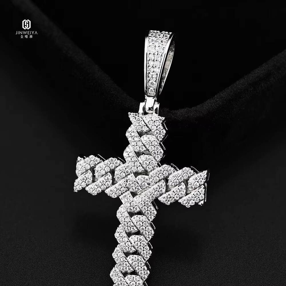 Wholesale Hip-hop Shiny Cross Cuban Necklace Pendant 925 Sterling Silver Rhodium Plated Iced-out VVS Moissanite Jewelry