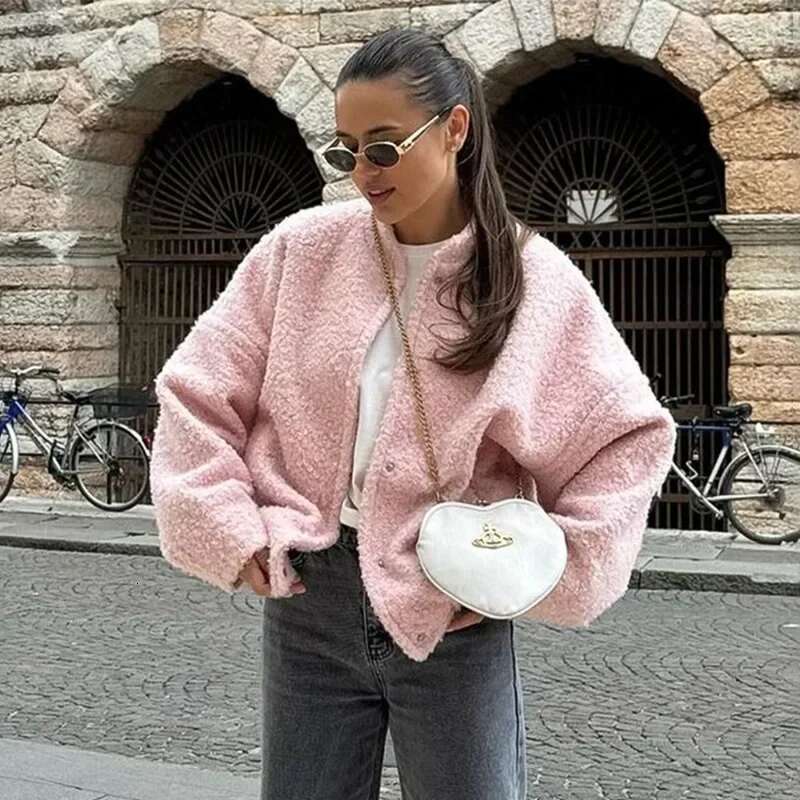 Designer Clothes Talenza Women's Pink Short Fur Autumn Loose Fashion Long Sleeve Top Casual Stand Collar Pocket Button Warm Jacket