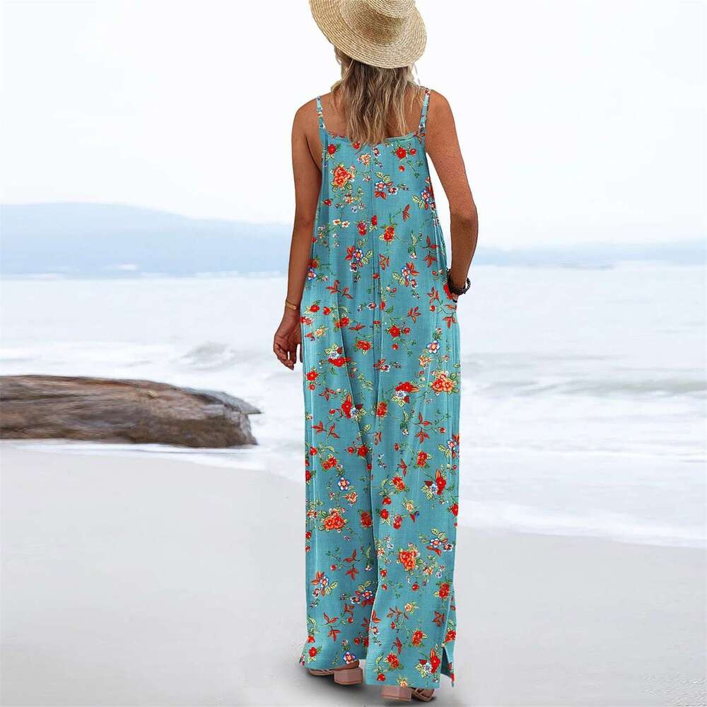 2024 new suspender printed pocket loose and versatile casual women's jumpsuit