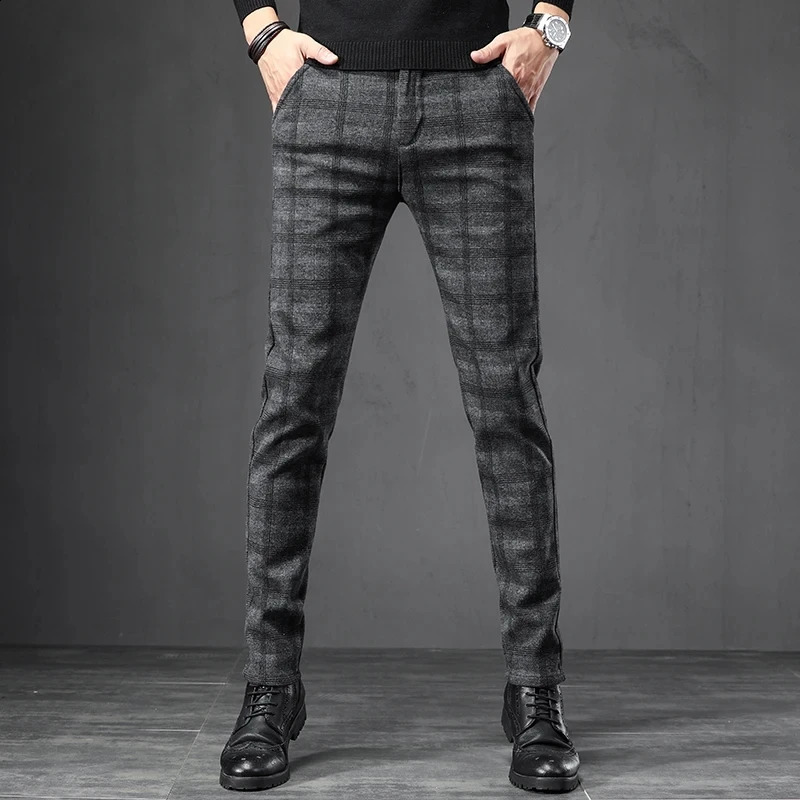 Autumn mens brushed flat bottom pants Korean style gray elastic straight slim fashion work pants blue and black men 250410