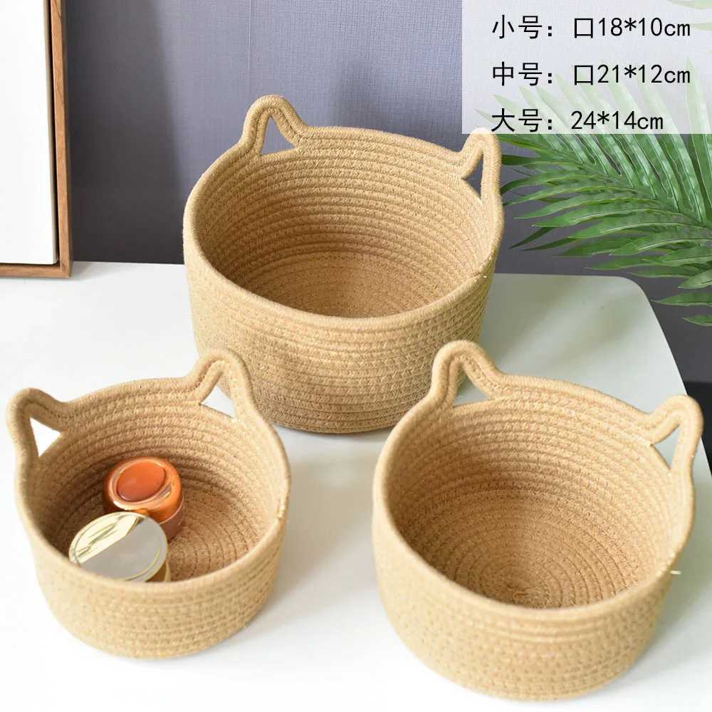 Cat Ear Storage Basket Handwoven Cotton Rope Round Bin Cute He Organization for Bedro Natural Style Y251112