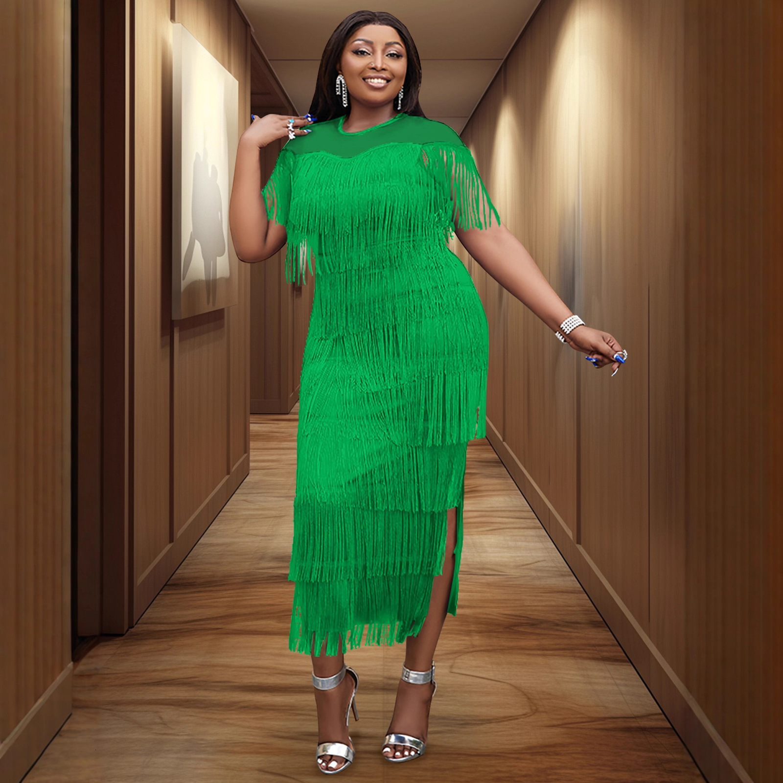 Party Dresses Women Summer Sexy Fringed Embellished Bodycon Celebrity Evening Dress Short Sleeve Fringe Tassel Club Party Dress Vestidos 230211