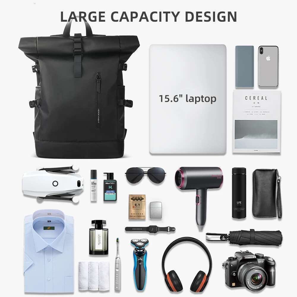 Heroic Knight Men's Backpack Waterproof Roll Top Backpack Women Travel Expandable USB Charging Large Capacity Laptop Bag Mochila