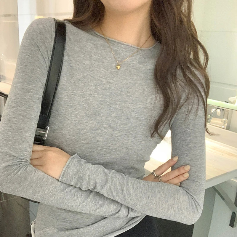 Spring/Autumn Womens T-shirt solid ultra-thin suitable for long sleeved O-neck T-shirt womens casual streetwear high-quality underwear 250410