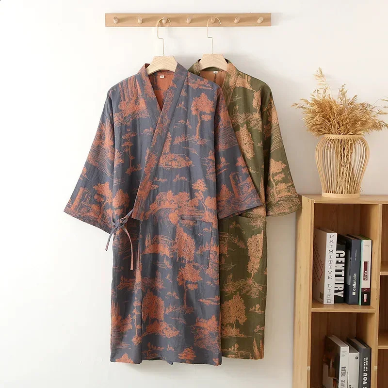 Blue Green Colors Printed Robe for Men Cotton Kimono Men Bathrobe for Spring and Summer Autumn Cotton Long Style Men Kimono Robe 250409