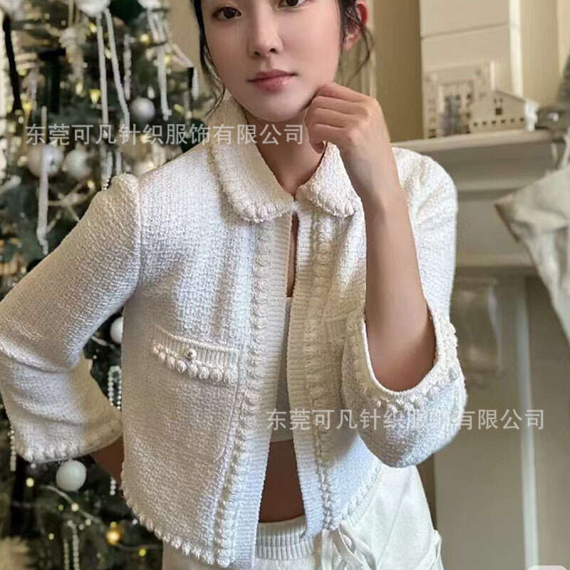 Designer clothing Xiaoxiang small lapel seven quarter sleeve knitted cardigan pearl button sweet socialite style short jacket top women's clothin