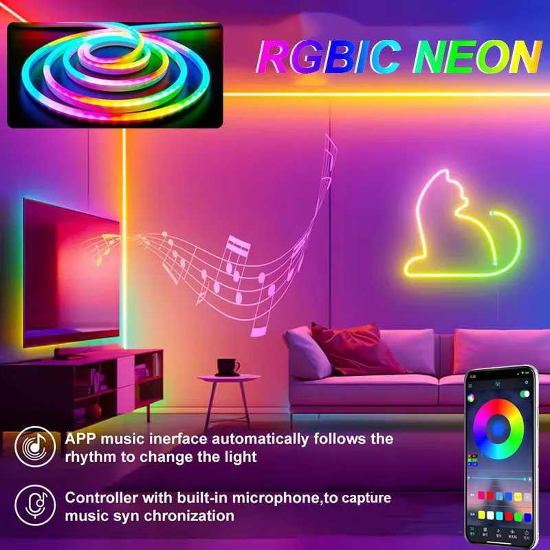 RGBIC Neon Light Strip Colorful 5V USB Neon LED Strip Bluetooth APP Music Sync Silicone Neon Rope Light for Room Festive Decor W251112