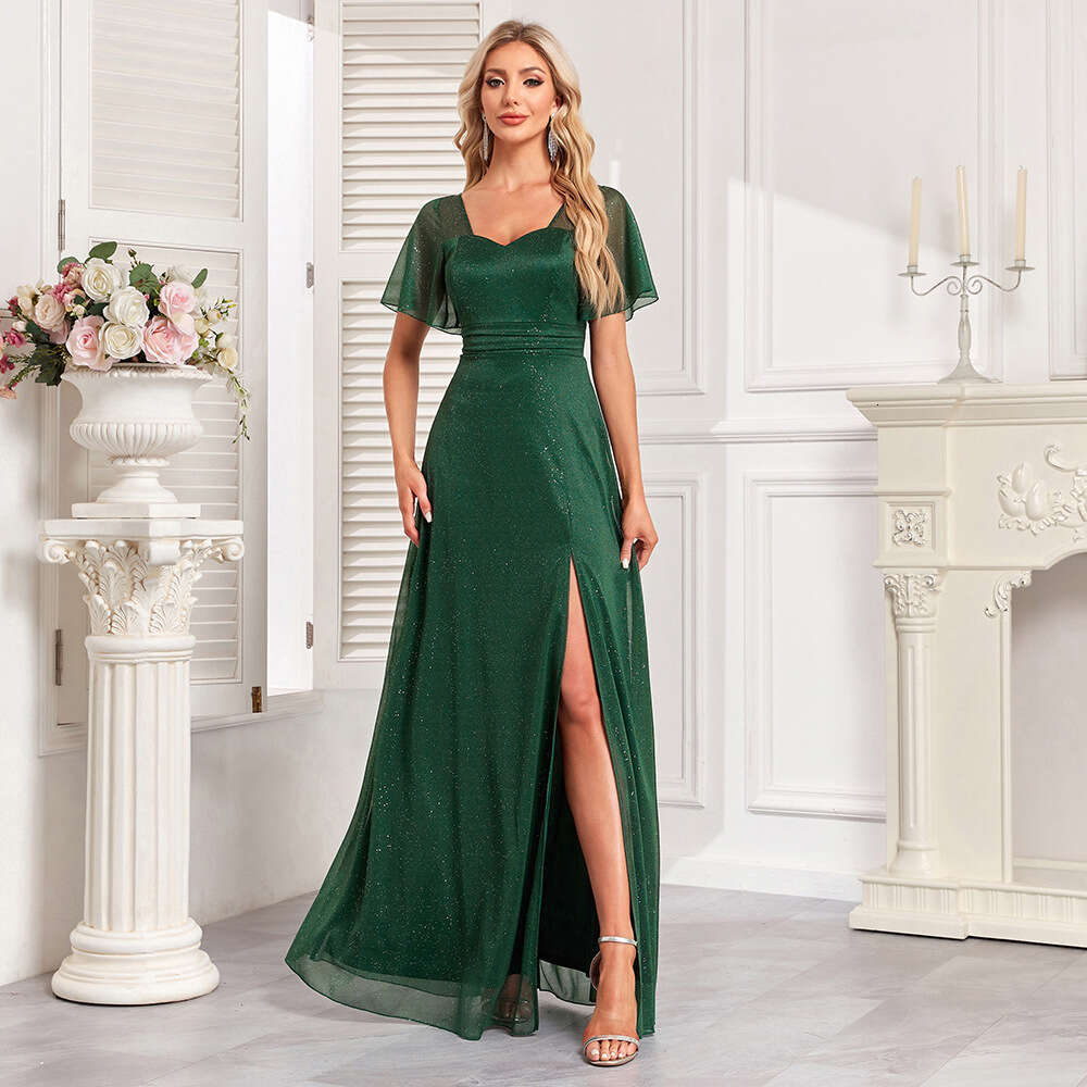 Quality New Women's Elegant Short Sleeved Square Neck Shiny Chiffon Evening A-Line Side Slit Ball Long Dress
