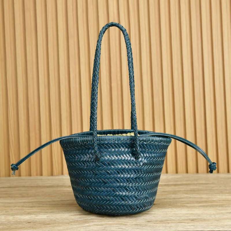 Genuine Leather Vintage Hand Tote Top Quality Women Weave Basket Shopping Bags Travelg Beach Hobos Handbag