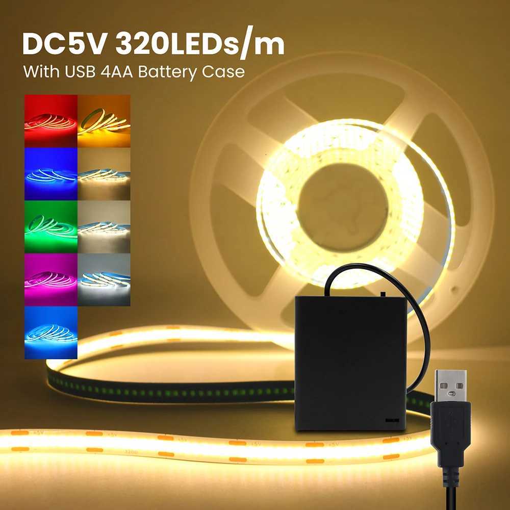 3mm 5mm 8mm PCB COB Led Strip Light with Switch USB Battery Power 5V DC White Red Yellow 320LEDs/m Flexible Adhesive Tape Lamp W251112
