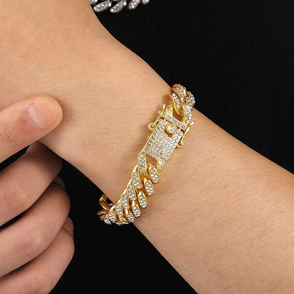 HipHop Men Women 13MM Prong Cuban Link Chain Bracelet Bling Iced Out 2 Row Rhinestone Paved Miami Rhombus Cuban Chain JewelryC250411