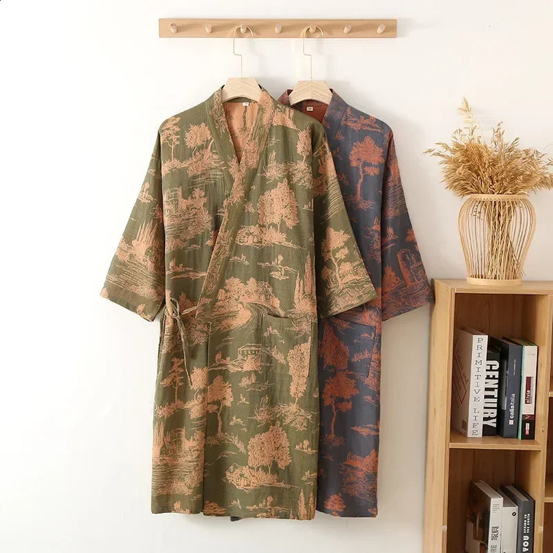 Blue Green Colors Printed Robe for Men Cotton Kimono Men Bathrobe for Spring and Summer Autumn Cotton Long Style Men Kimono Robe 250409