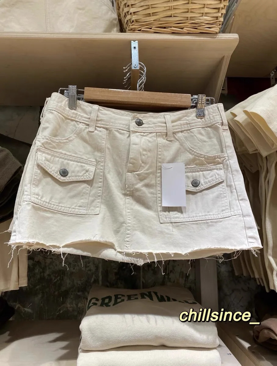 Vintage White Denim Skirts Summer High Waist Pockets A-line Jean Skirt Woman Streetwear Fashion All-match Y2k Pant Casual 250407