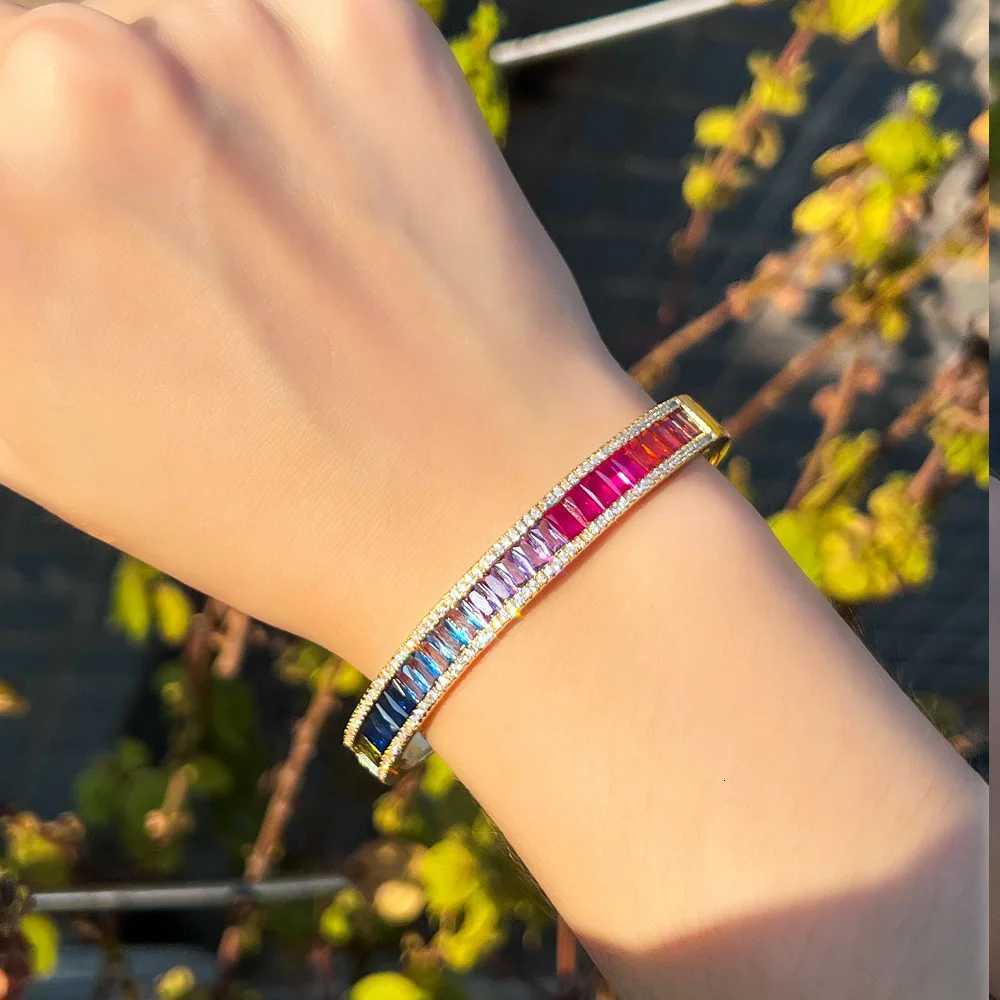 CWWZircons Unique Baguette Rainbow Cubic Zirconia Round Open Cuff Bangle for Women Trendy Brazilian Gold Plated Jewelry BG048T251113