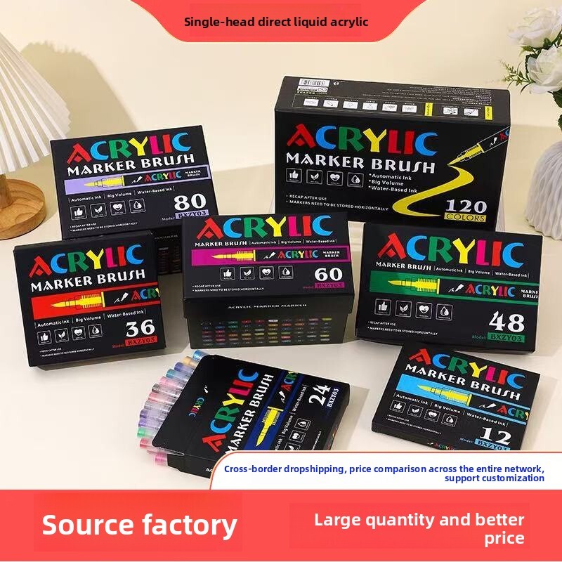 Cross-Border Direct Liquid Soft Student Art Non-Bleed Single Tip Acrylic Marker Pen Trendy Color Fade-Resistant
