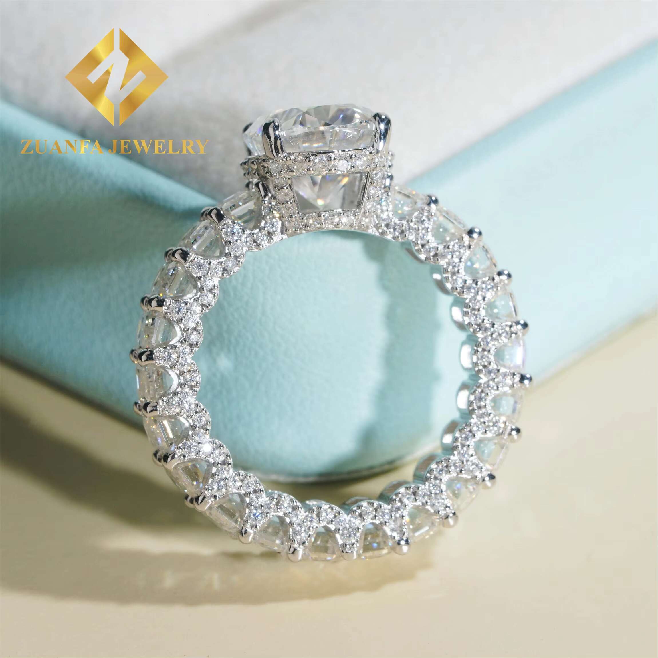 Luxury White Gold Color Boutique Bridal Wedding Jewelry Flawless 5Ct Oval +Emerald Moissanite Diamond Engagement Band Ring