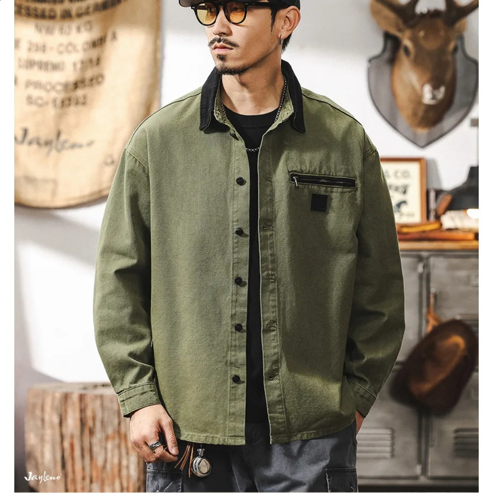 Spring and Autumn Bordeaux Red Goods Shirt Mens Long Sleeve Retro Loose May Khaki Coat 250411