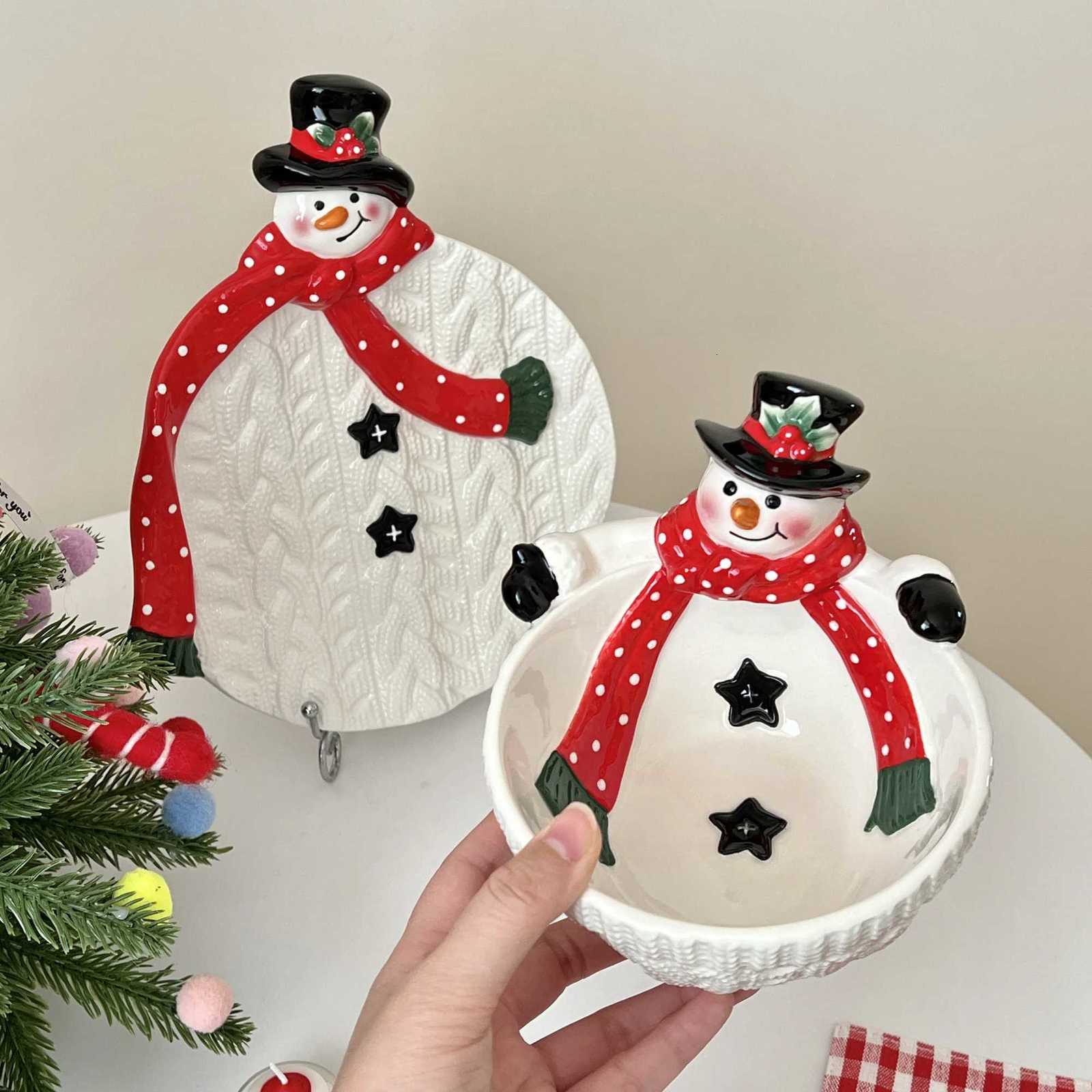 Christmas Christmas Snowman Plate Bowl Ceramic Plate Dessert Candy Gish Salad Bowl Christmas Gift for Family Dishes and Plates Sets Y251113