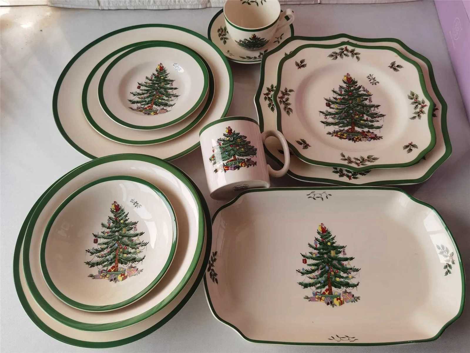 Christmas Classic Green Edge Series Christmas Set Size Plate Square Plate Size Bowl Fish Dish Coffee Set Y251113