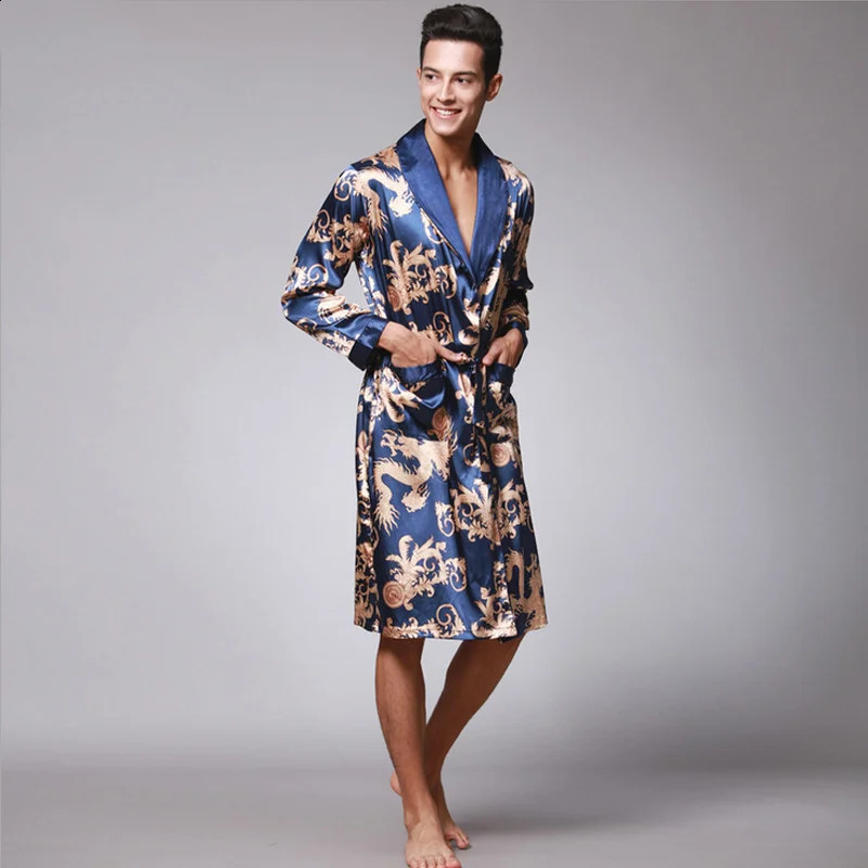 Men Summer Autumn Kimono Bath Robe Silk Satin Golden Dragon Long Bathrobe Dressing Gown Knee Length Black Sleepwear 250409