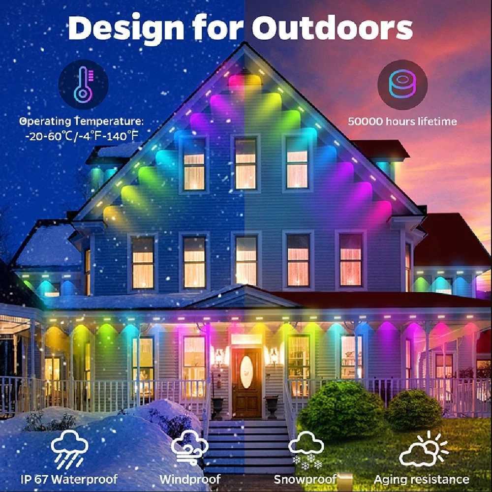 15M/30M/45M/60M RGBIC Smart Eaves Light with APP/Remote Control IP67 Waterproof Outdoor String Lights House Roof Garden Lighting W251112