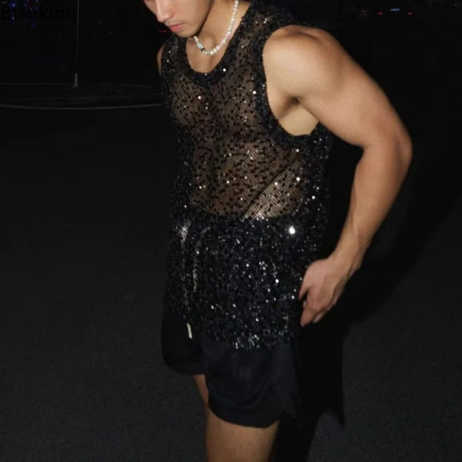 2025 Mens Casual Hollow Out Tank Tops Summer Streetwear Sleeveless Glitter Sheer Transparent Tops Sexy Mesh Muscle Vest for Men 250407