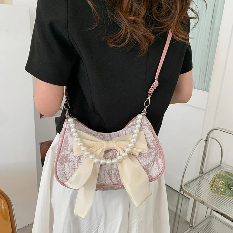 White Folding Pop Retro Bow Bag Womens Pearl Handle Fashion Armrest Shoulder Cross 1Piece Set 250401