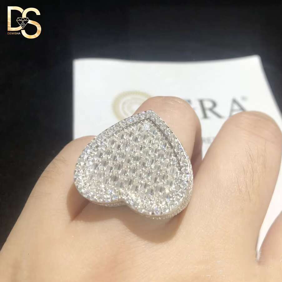 Custom Luxury Fashion Mens 925 Silver Moissanite Ring Heart Iced Out Diamond Rings