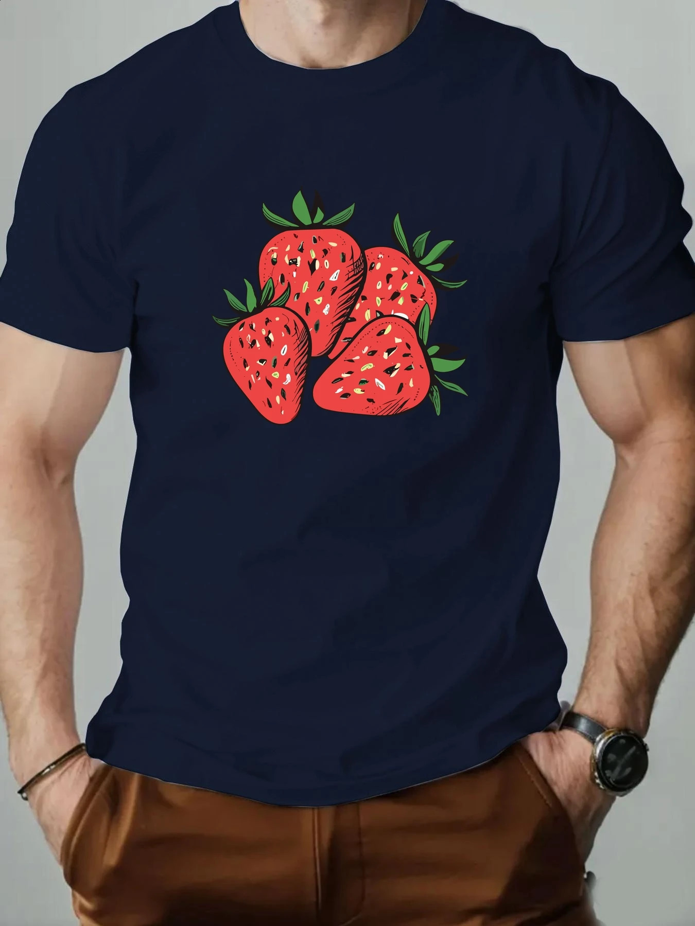 Mens Tshirt Strawberry Summer Pattern Printed Fashion Casual Sports Round Neck High Quality Clothing 250408