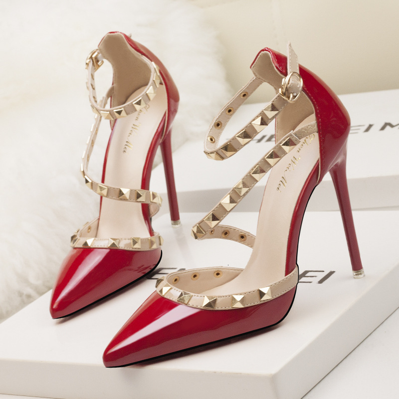Designer Simple Sexy Stiletto High Heels Shallow Mouth Pointed Toe Rivet Hollow Strap Sandals - view 3