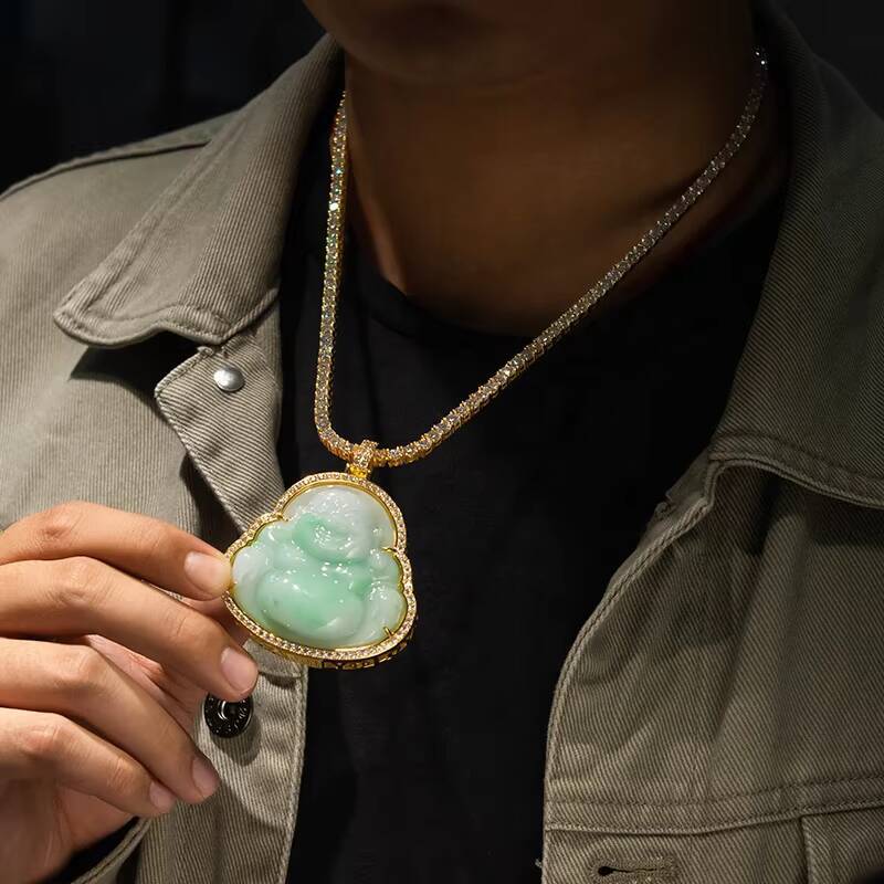 10K Solid Gold 925 Sterling Silver With Moissanite Diamond Hip Hop Natural Nephrite Jade Maitreya Buddha Pendant