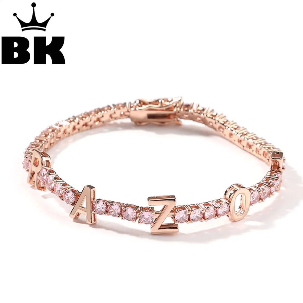 Bling King Womens Customized Name Bracelet CZ 3mm Tennis Chain Iced Cube Zircon 18K Gold Plated DIY Letter Jewelry Gift 250408