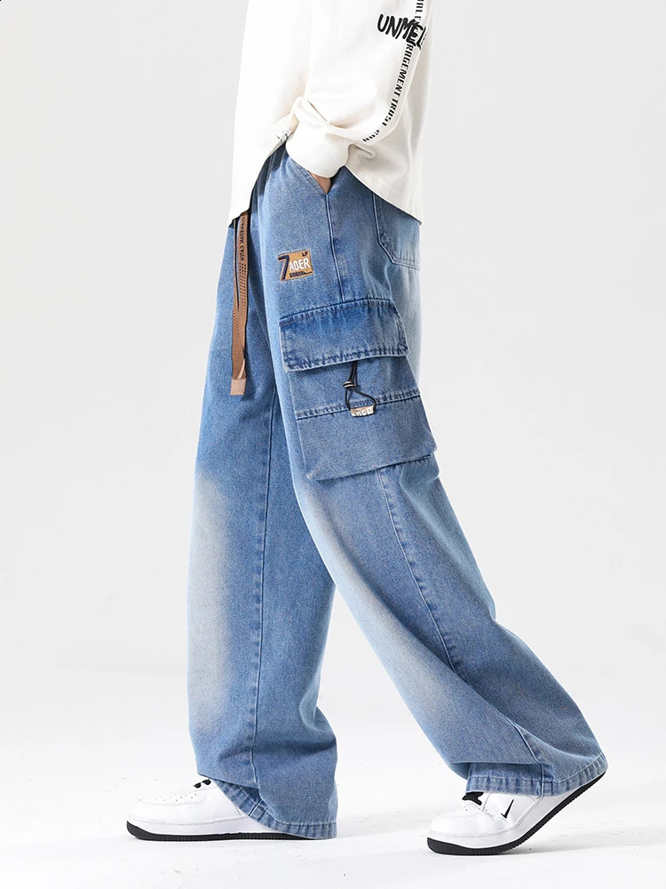 2024 Autumn Mens Freight Jeans Large Size 8XL 7XL 6XL String with Cotton Wide Leg Denim Pants Straight Bag 250407