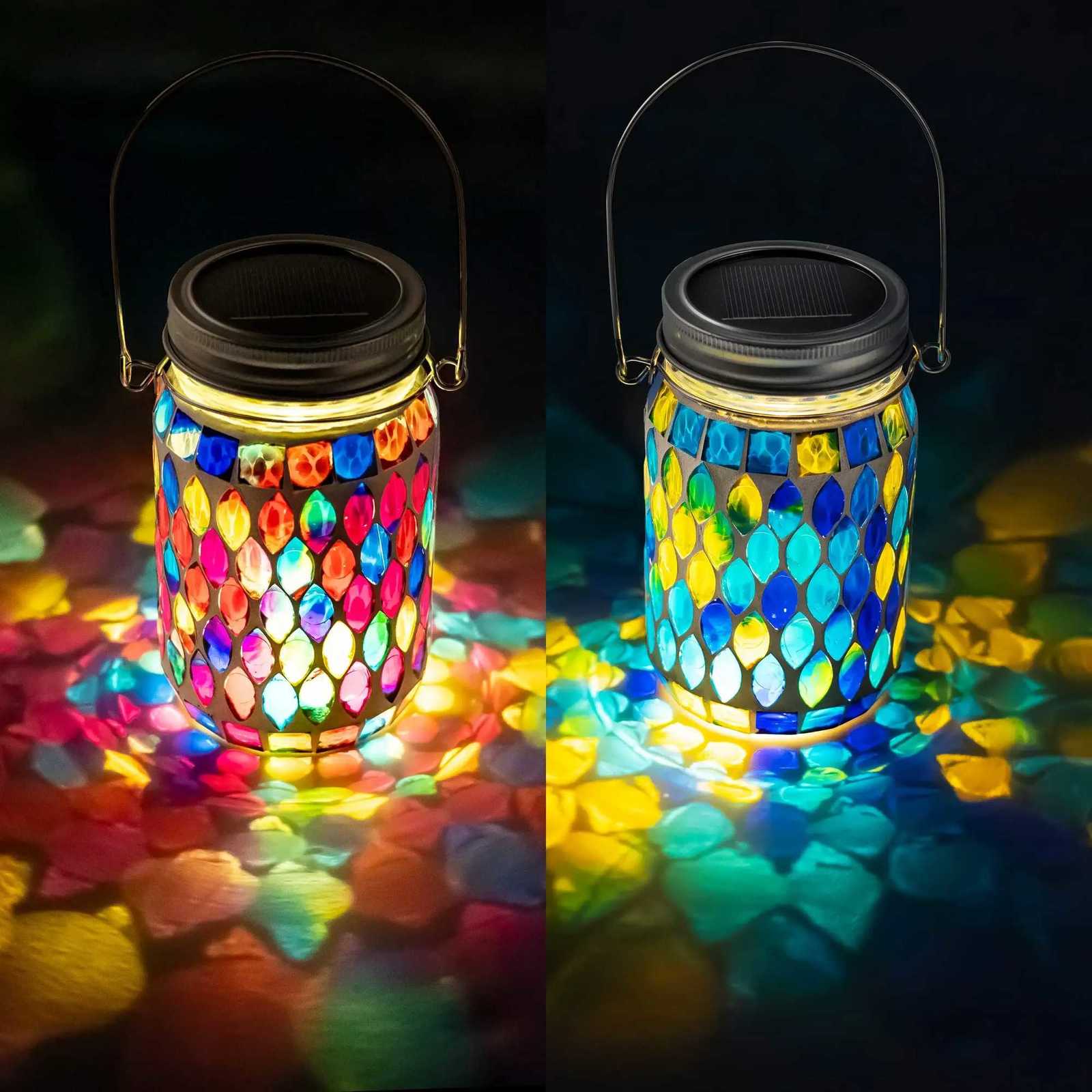 Solar Mosaic Lantern Hanging Mason Jar Glass Lights Outdoor Waterproof Table Lamp Decoration for Garden Patio Party Yard Balcony M251113