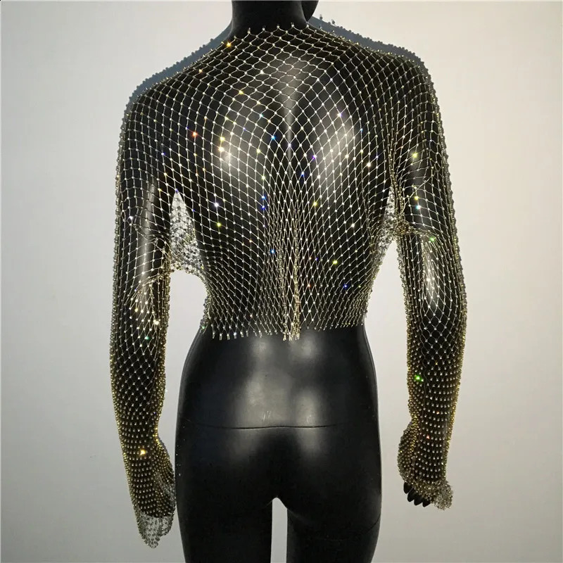Womens sexy mesh see through Tshirt shiny fish net hollow crop top long sleeved beach cover party club vest 250407
