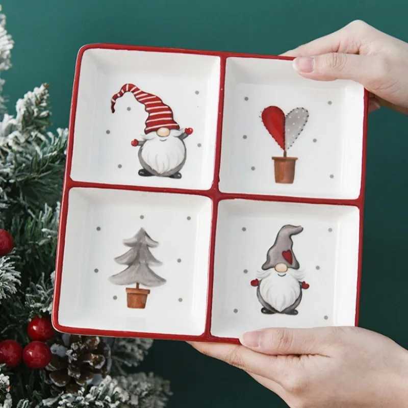 Christmas Nordic Square Ceramic Divider Plate Nordic Santa Claus Plate Christmas Decorative Tableware Ceramic Snack Plate Holiday Ornament Y251113