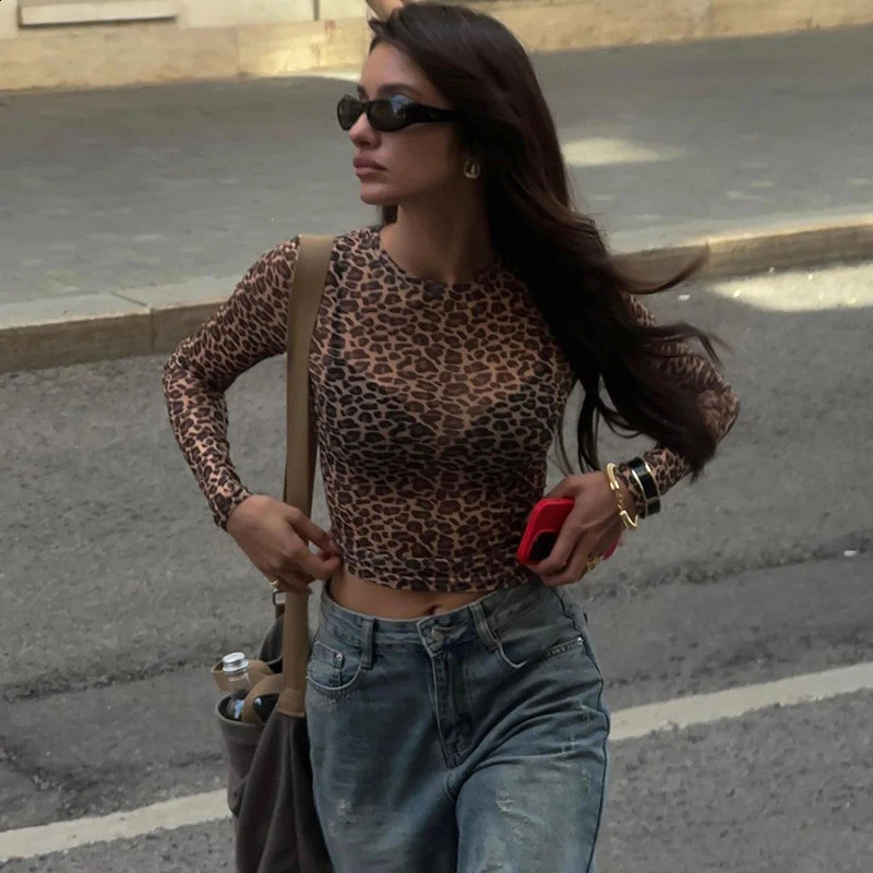 Casual sexy streetwear long sleeved top mesh Tshirt leopard print tight fitting womens party nightclub Y2K 250407