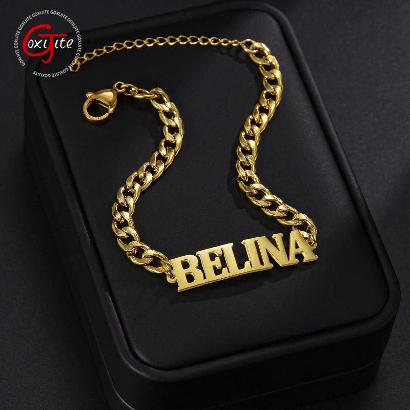 Goxijite Customized Womens and rens Name Bracelets Stainless Steel Alphabet Name Plates Thick Chains Charm Bracelets Jewelry Gifts 250408