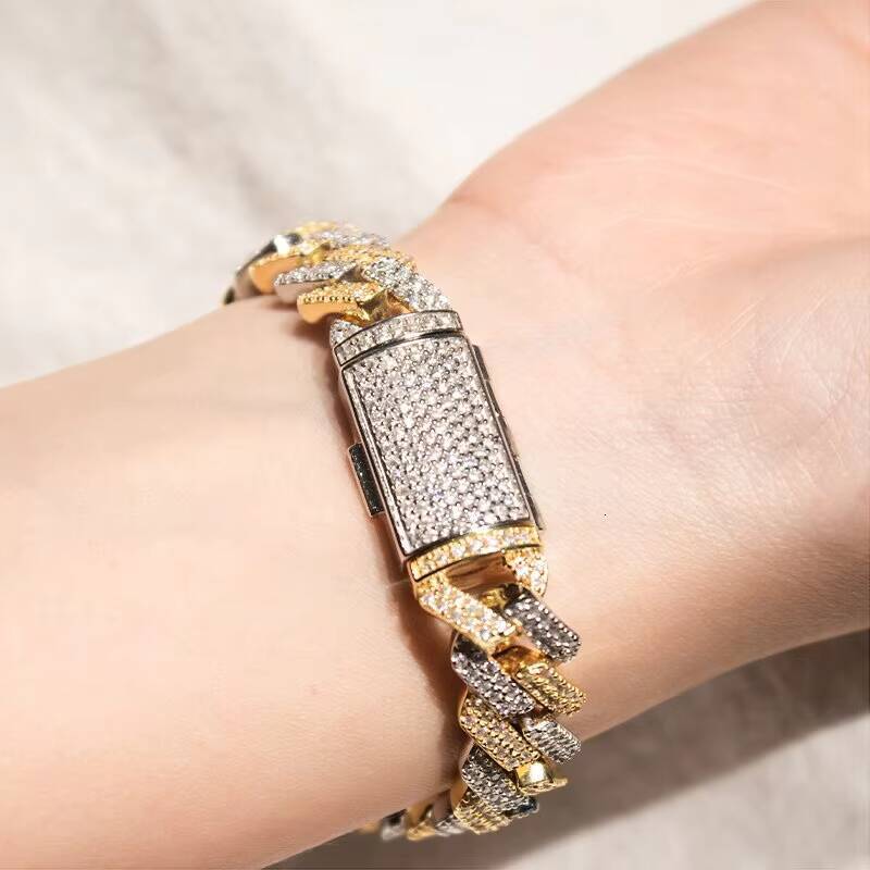 Hip Hop Iced Out Two Tone Moissanite Cuban Chain 12mm 925 Sterling Silver VVS Moissanite Cuban Link Chain