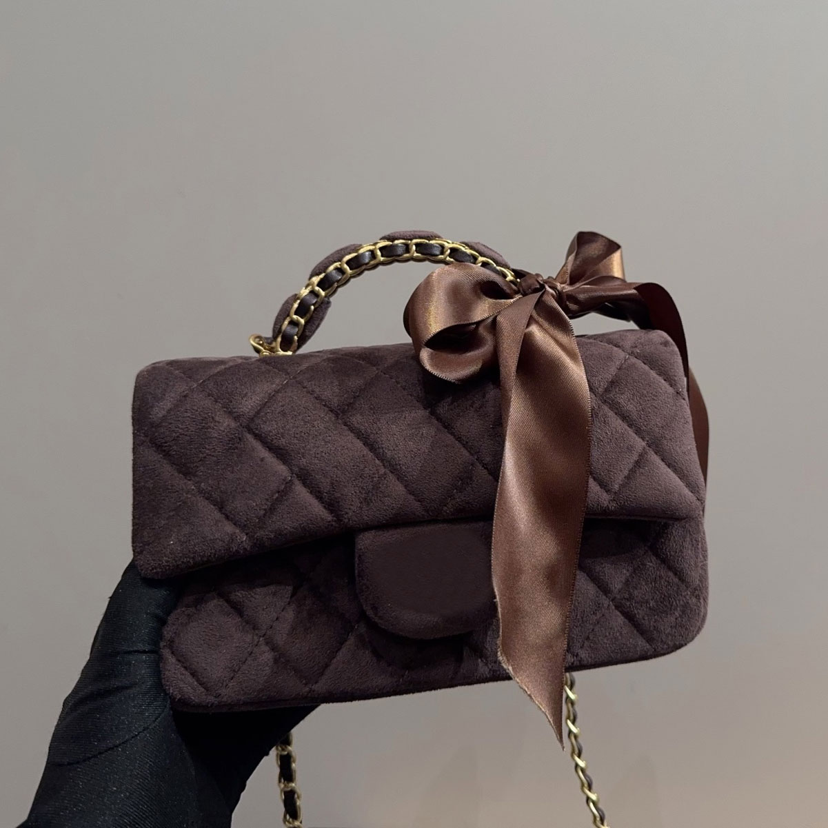 Hot New Arrival Designer Velvet Bag 25K Bow Diamond Gold Ball Chain Womens Shoulder Crossbody Flip-Top Clutch Brown Wool Tweed Purse Winter Warmth