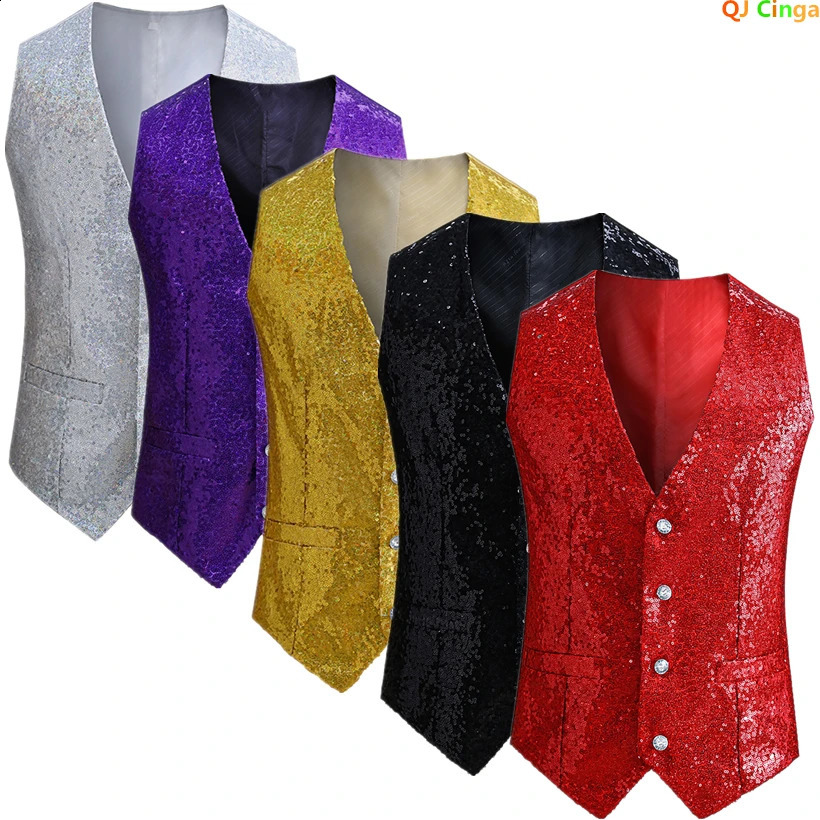 Red Shiny Sequins Single Breasted Sleeveless Vest Mens V-Neck Waistcoat Gold Black White Blue Purple Available M L XL XXL XXXL 250407