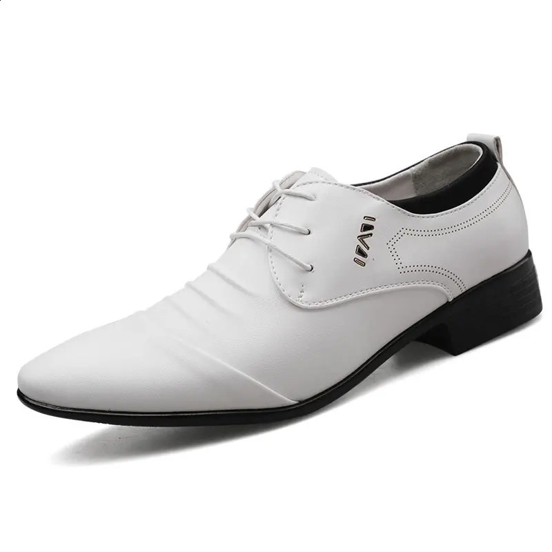 Classic Men Dress Shoes Lace-up White Leather Shoes for Man Plus Size Point Toe Business Casual Mens Formal Shoes for Wedding 250410