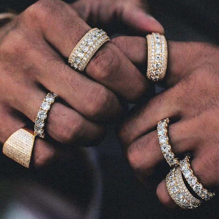Iced Out Hiphop Moissanite Ring Band 3 Row Pave Setting Eternity Ring Gold Plated 925 Sterling Silver Vvs Moissanite Ring