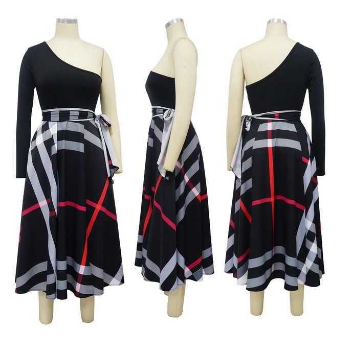 Designer Spring and Autumn women's single shoulder dress plus size printed long sleeved short skirt vest casual shirt clothing