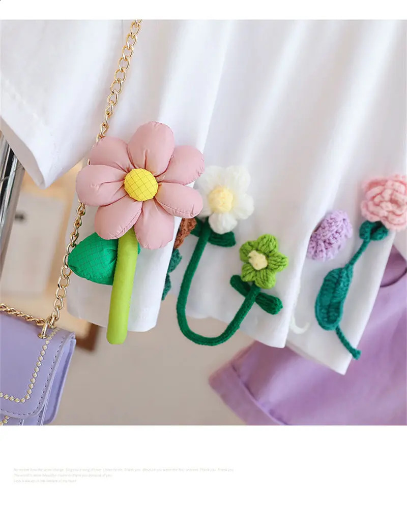 Childrens T-Shirts Three-dimensional Flower Decoration Short Sleeve Kids Clothes for 3 To 13 Years Girls Tshirts 250411bj