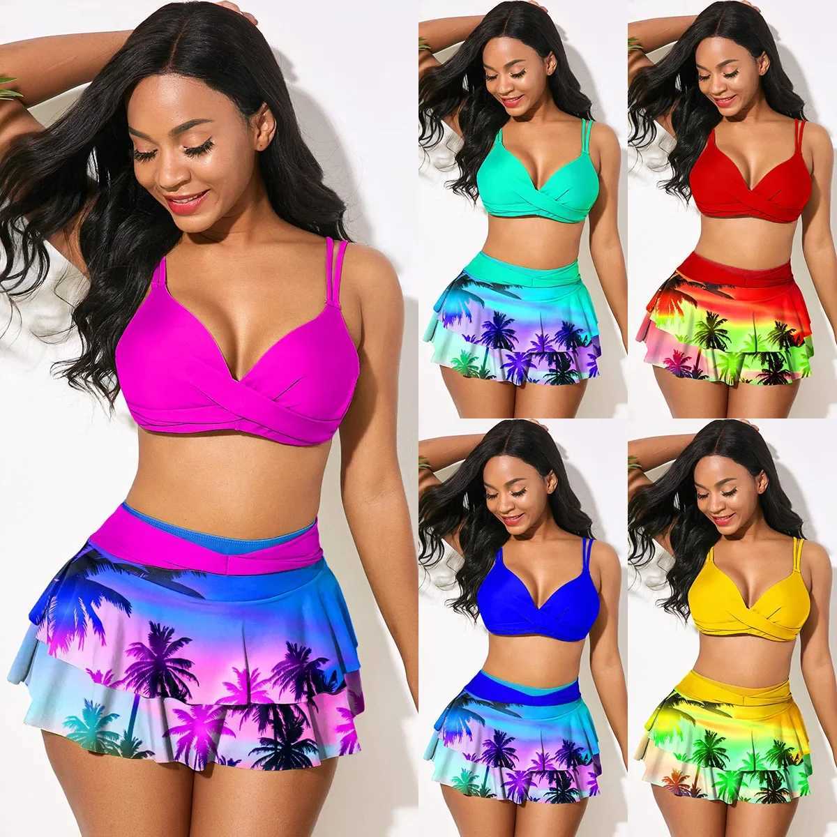 Sexy Ruffled Swimsuit Women Push Up Hollow Out Cross Bikini Set Women Maple Print Beach Bathing Suit Skirt Swimwear Plus SizeW251113