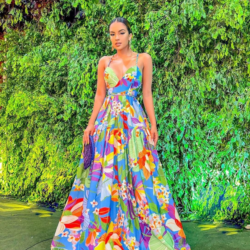 2025 Summer New Womens Dress Holiday Printed Multi Color Off Shoulder Large Swing Strap Long Style