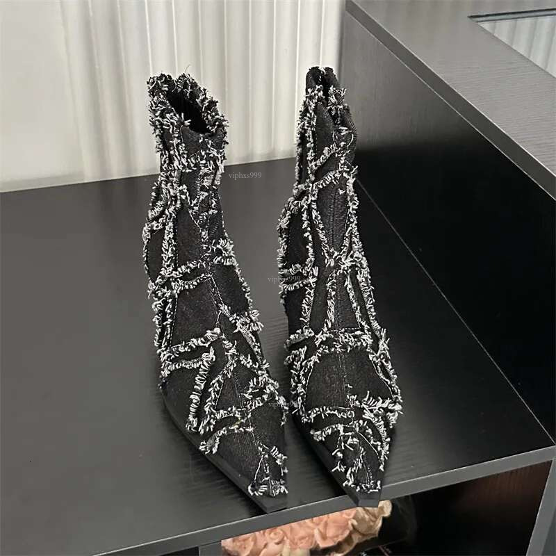 New Free Shipping Designer Shoes Spicy Girl Temperament Pointed Denim Tassel Fashion Thin Heel Martin 2025 Autumn/winter Embroidered Knight Boots